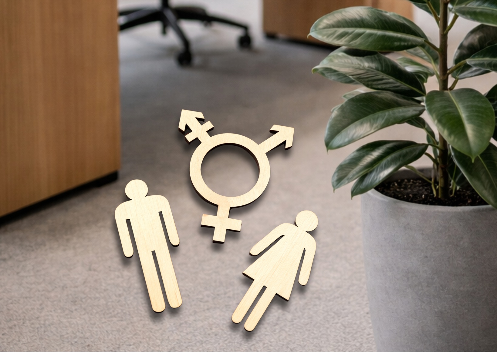 KI-generiertes Symbolbild zum Thema Gendern: drei Gender-Zeichen, Büro und Gummibaum.
